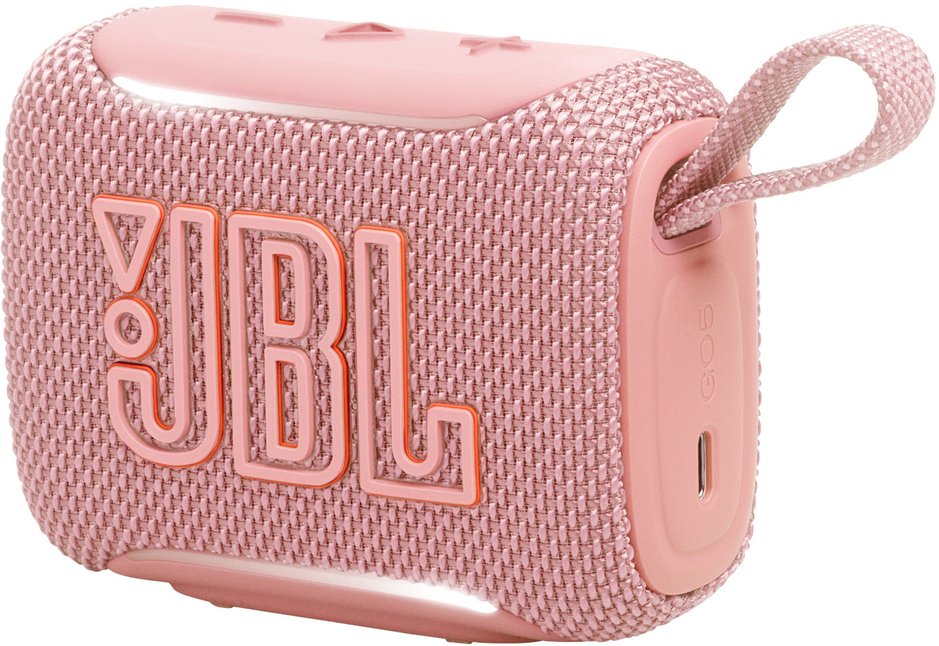 Un altoparlante JBL rosa con copertina in tessuto e passante.