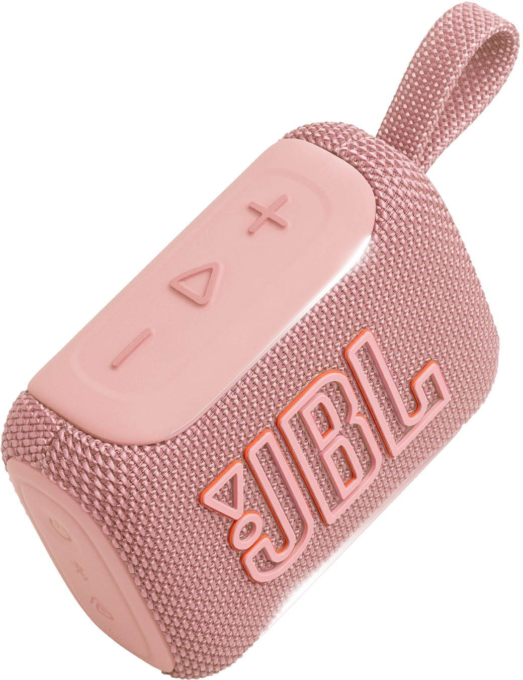 Uno speaker Bluetooth JBL rosa con anello superiore e pulsanti.