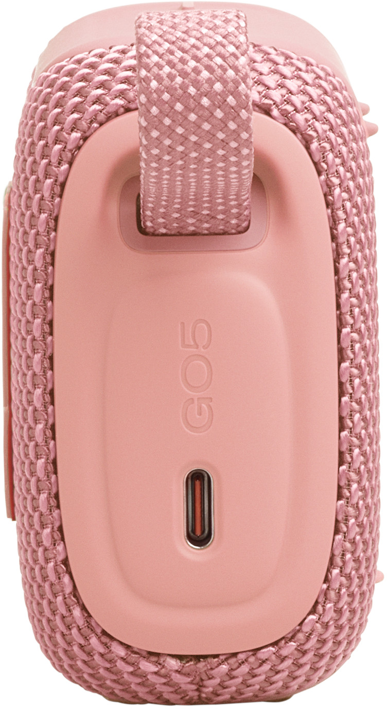 Altoparlante Bluetooth portatile rosa con porta USB-C e cinghia.