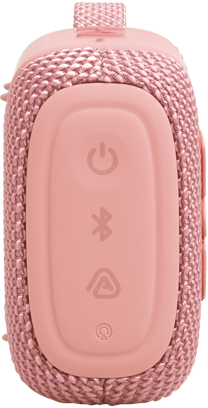 Un altoparlante portatile JBL rosa con simboli di accensione e Bluetooth sul davanti.