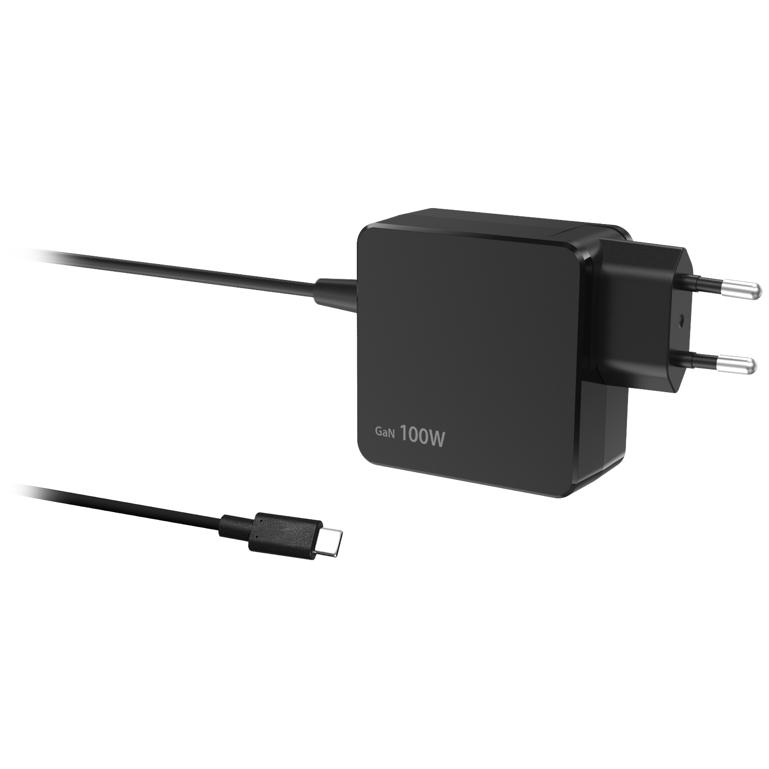 Black GaN 100W charger with USB-C cable and European plug.