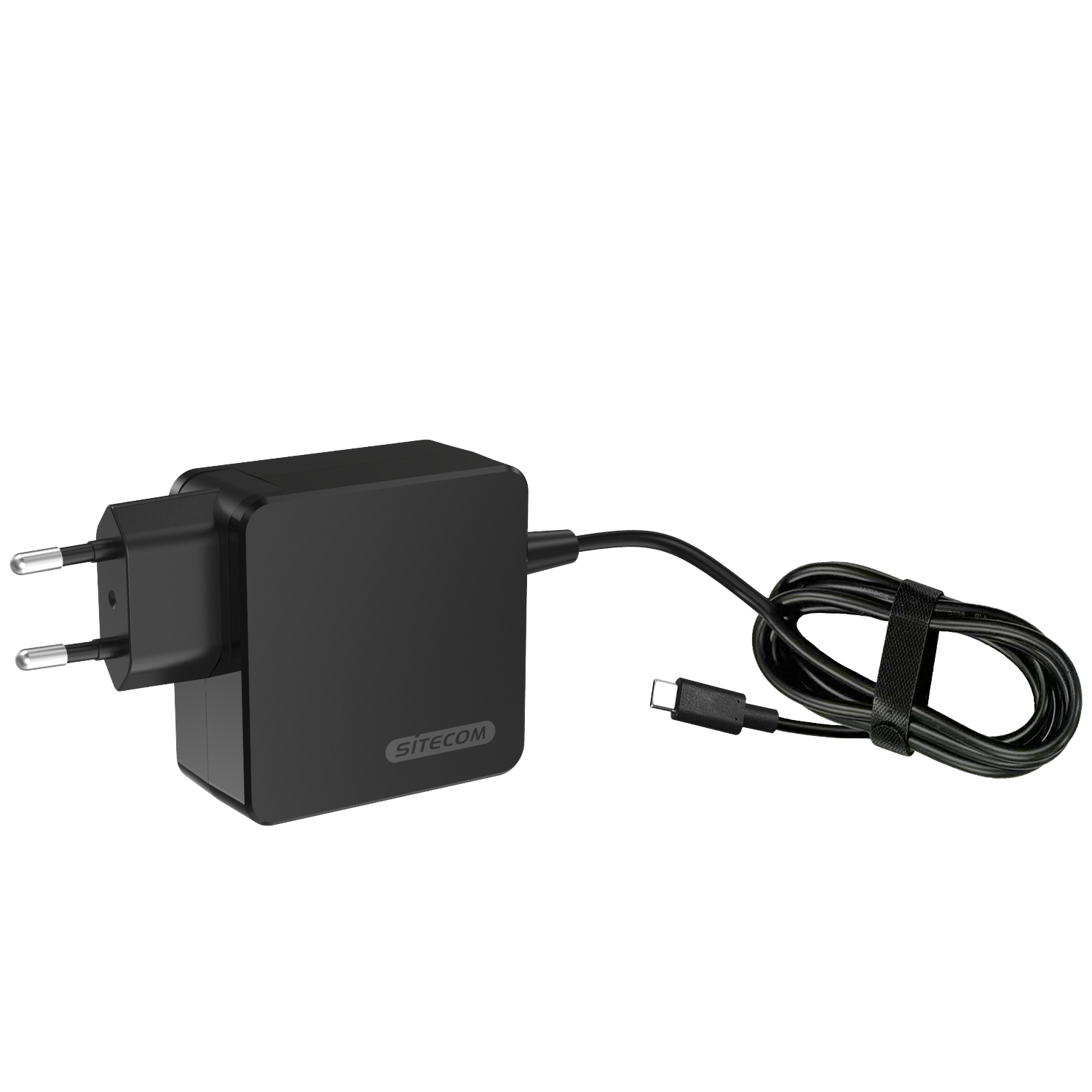 Black USB-C power adapter with two pins and a coiled cable.