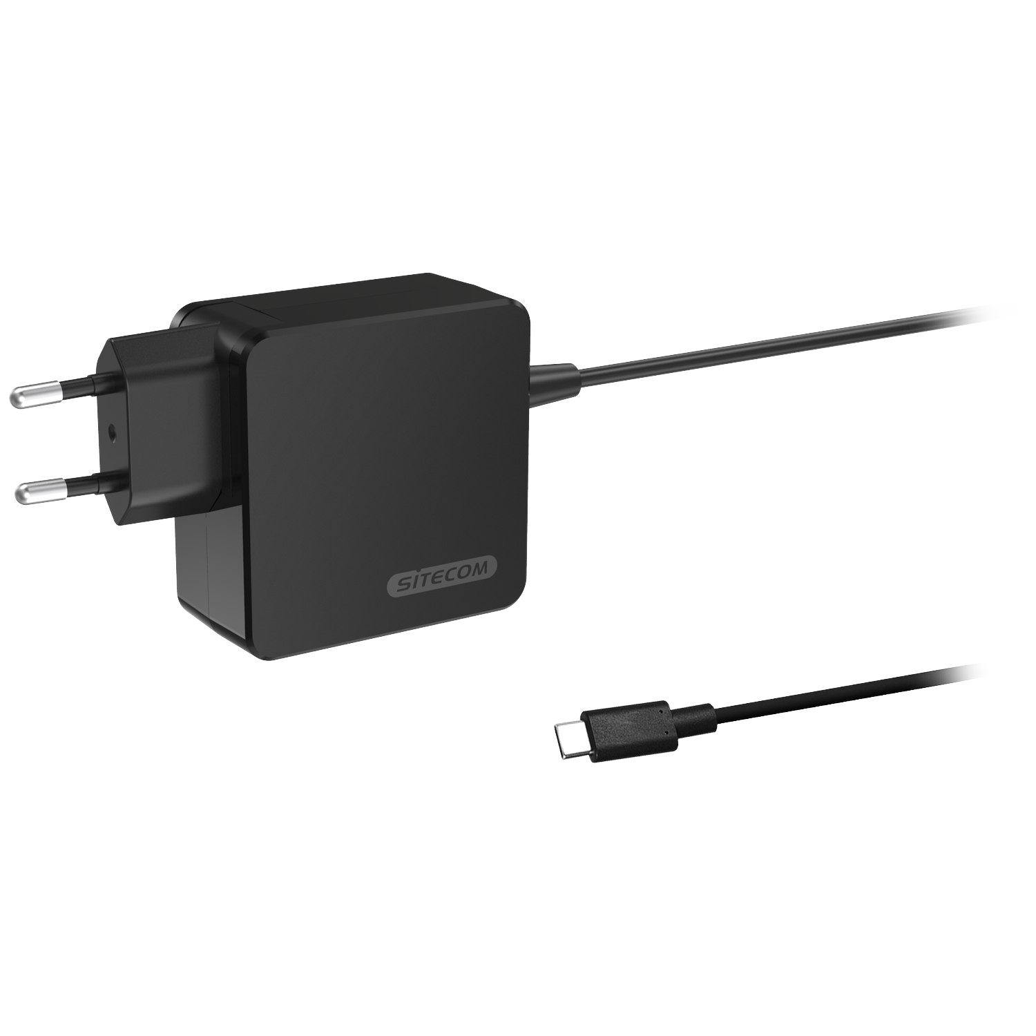Black power adapter with USB-C cable and prongs.