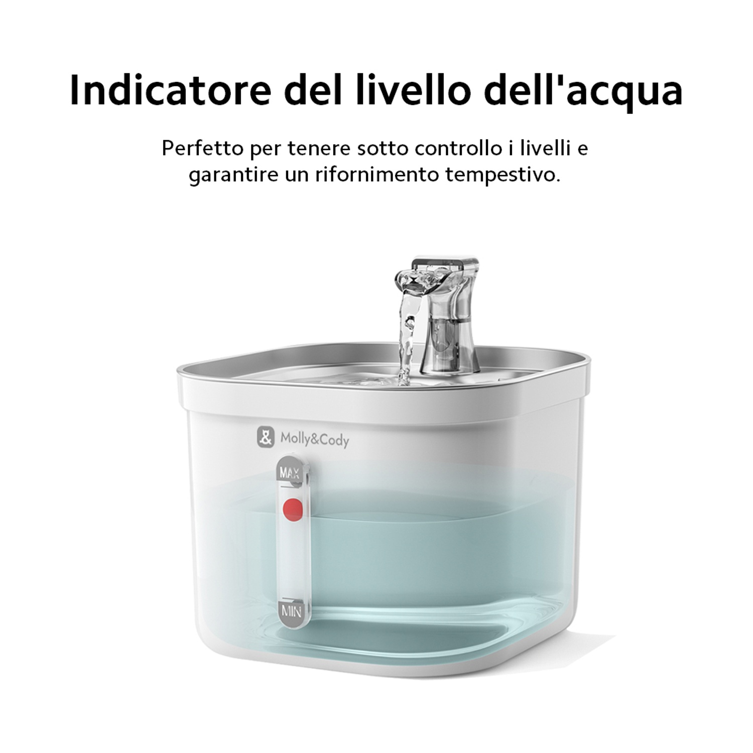 Un erogatore d'acqua bianco con acqua blu e indicatore di livello.