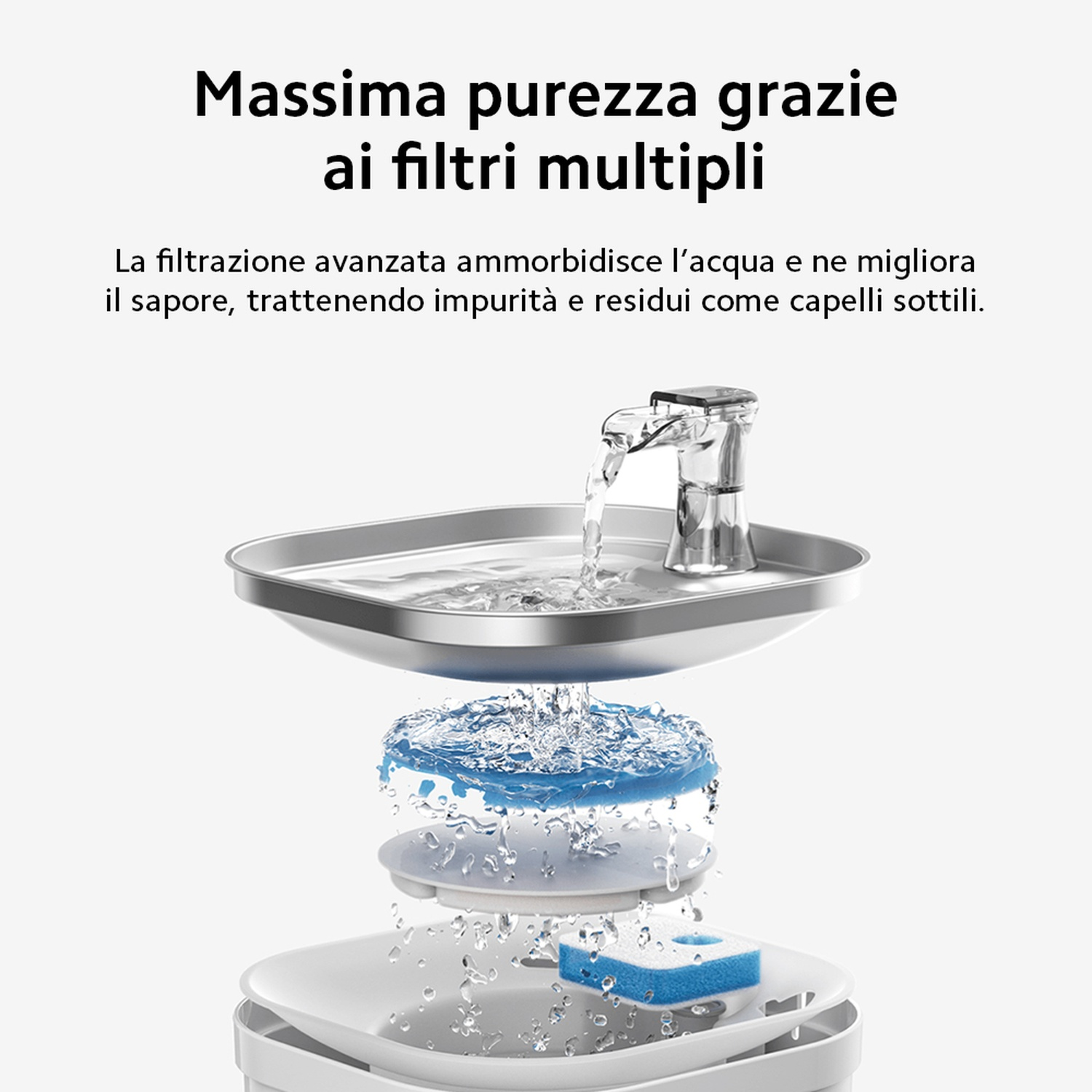 L'acqua scorre attraverso un filtro in una vasca. Sono visibili più filtri.