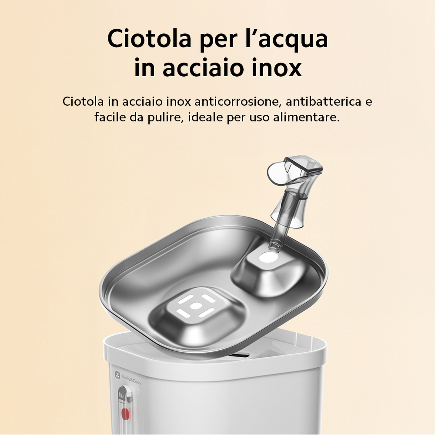 Ciotola in acciaio inox per animali con erogatore d'acqua.