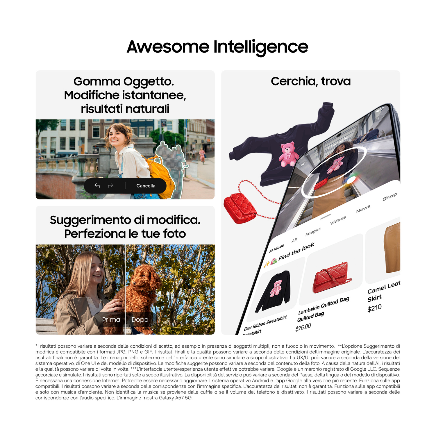 Screenshot mostra funzioni di fotoritocco IA: rimozione oggetti e suggerimenti di modifica.