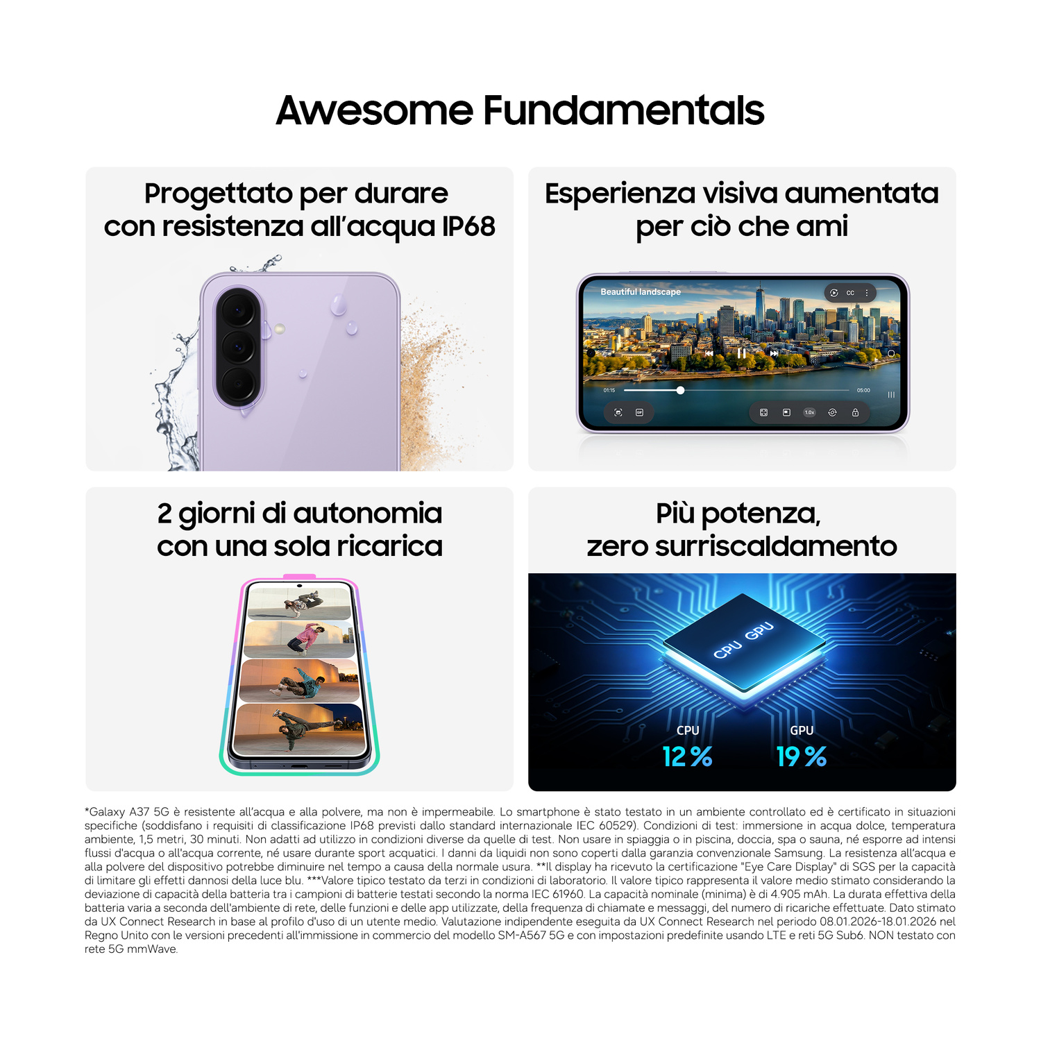 Un telefono viola con resistenza all'acqua IP68 e video di skyline cittadino.