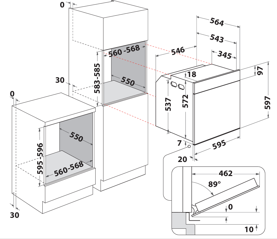 Dibujo técnico con dimensiones para hornos y armarios empotrados.