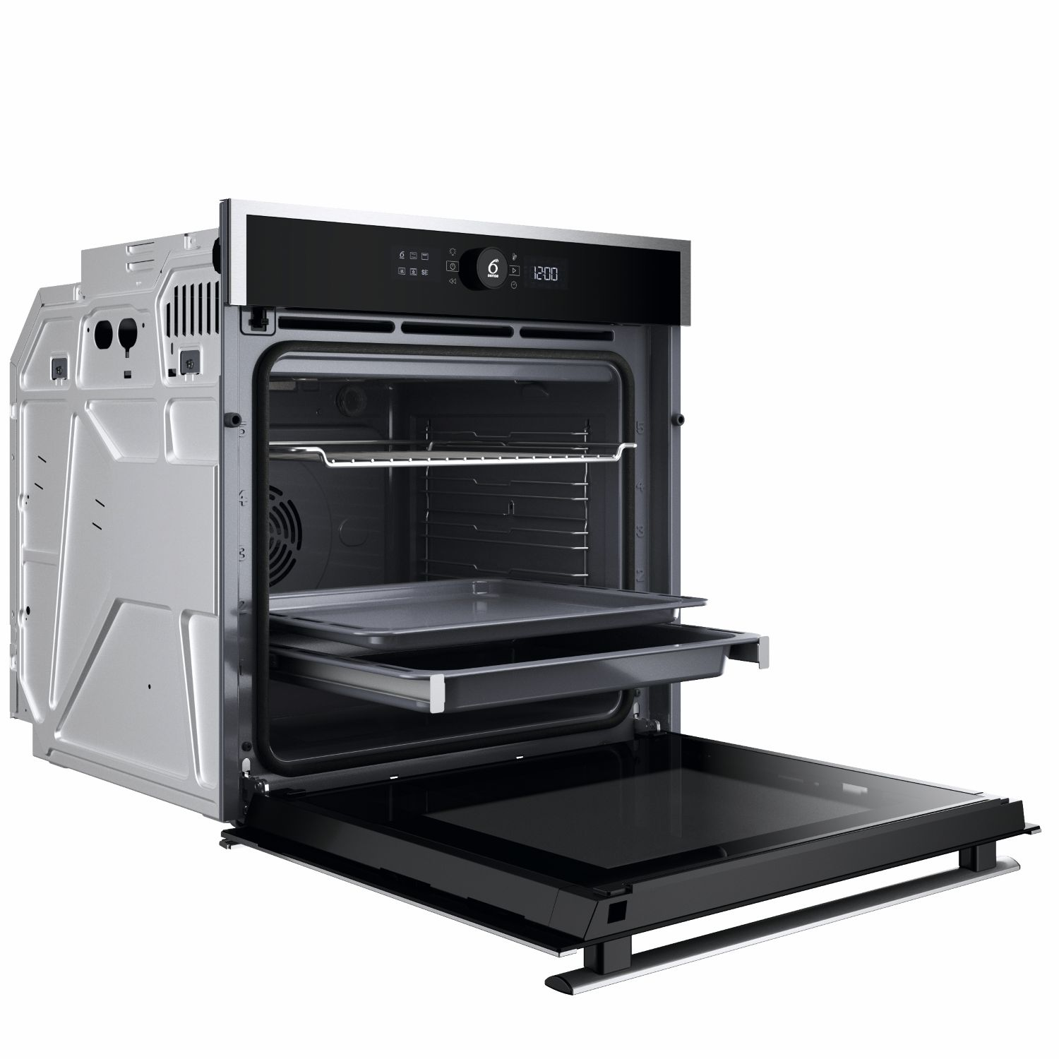 Un horno empotrable moderno con compartimento abierto, dos rejillas y pantalla digital.