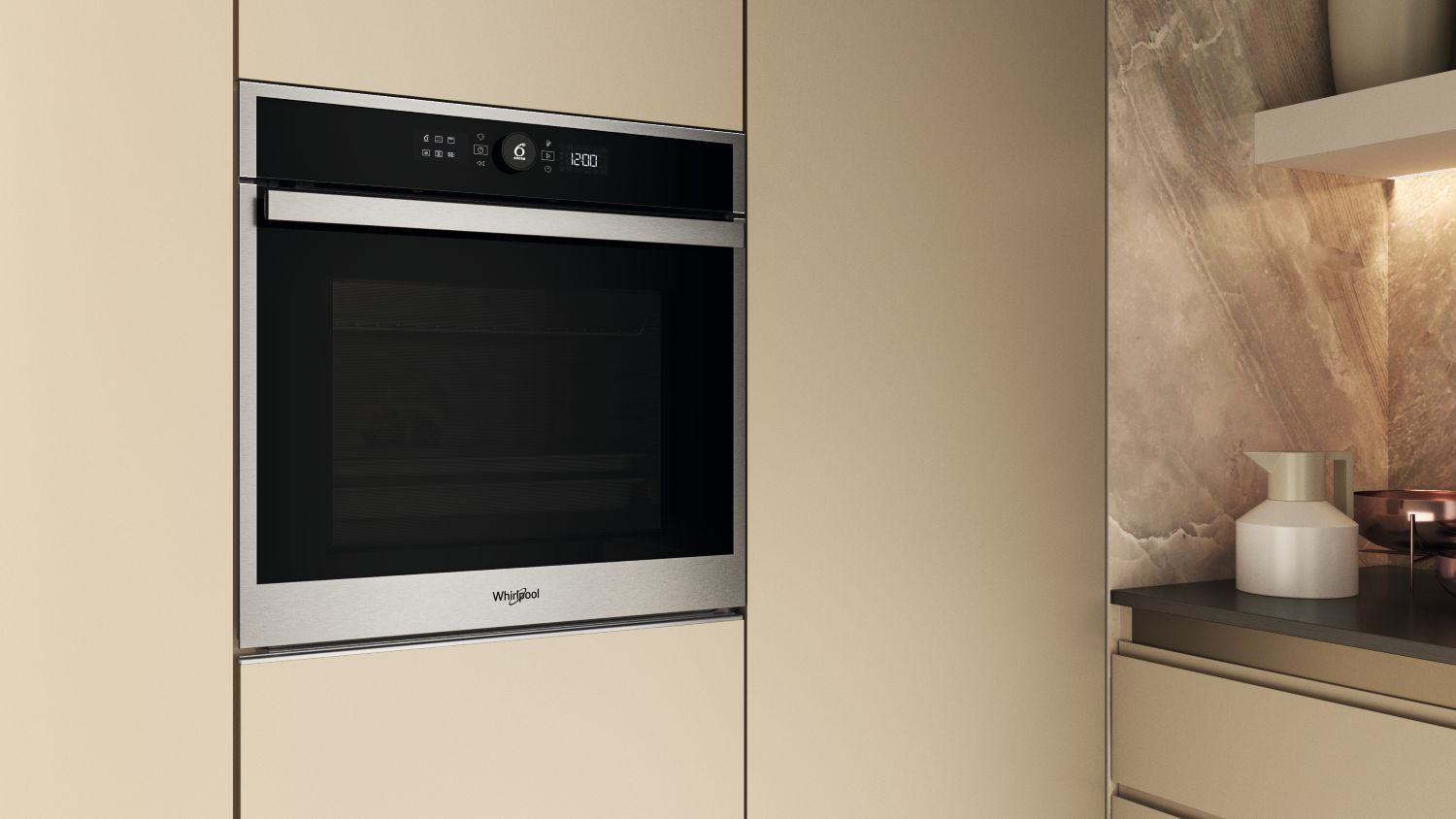 Un horno empotrado moderno con detalles de acero inoxidable y pantalla digital.