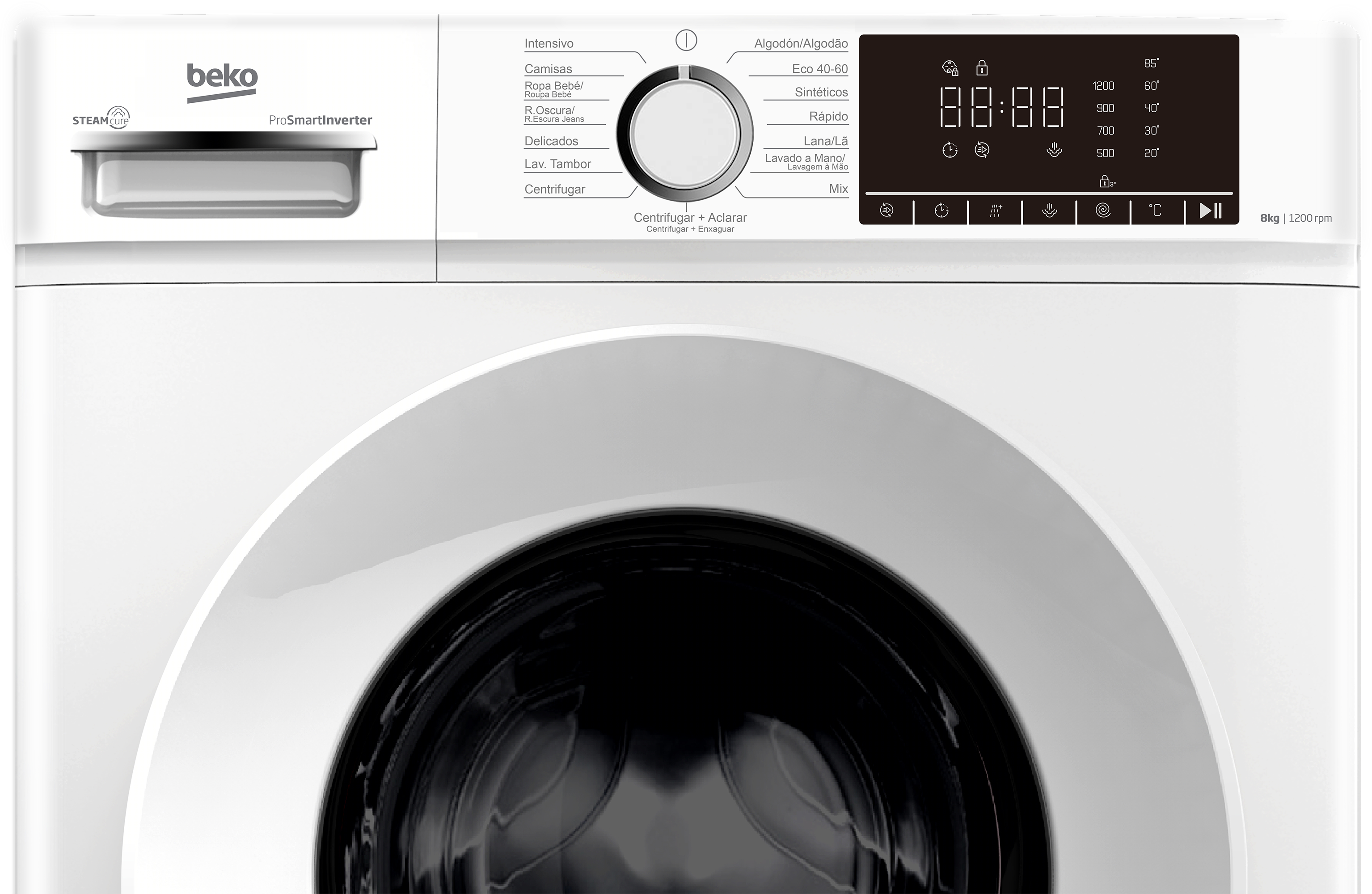 Lavadora blanca con pantalla digital y dial selector de programas.