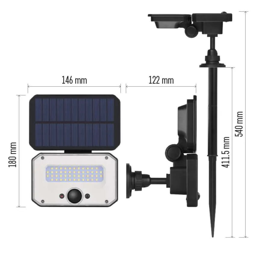 Szolár lámpa méretekkel: 180x146mm, 122mm szélesség, 540mm magasság.
