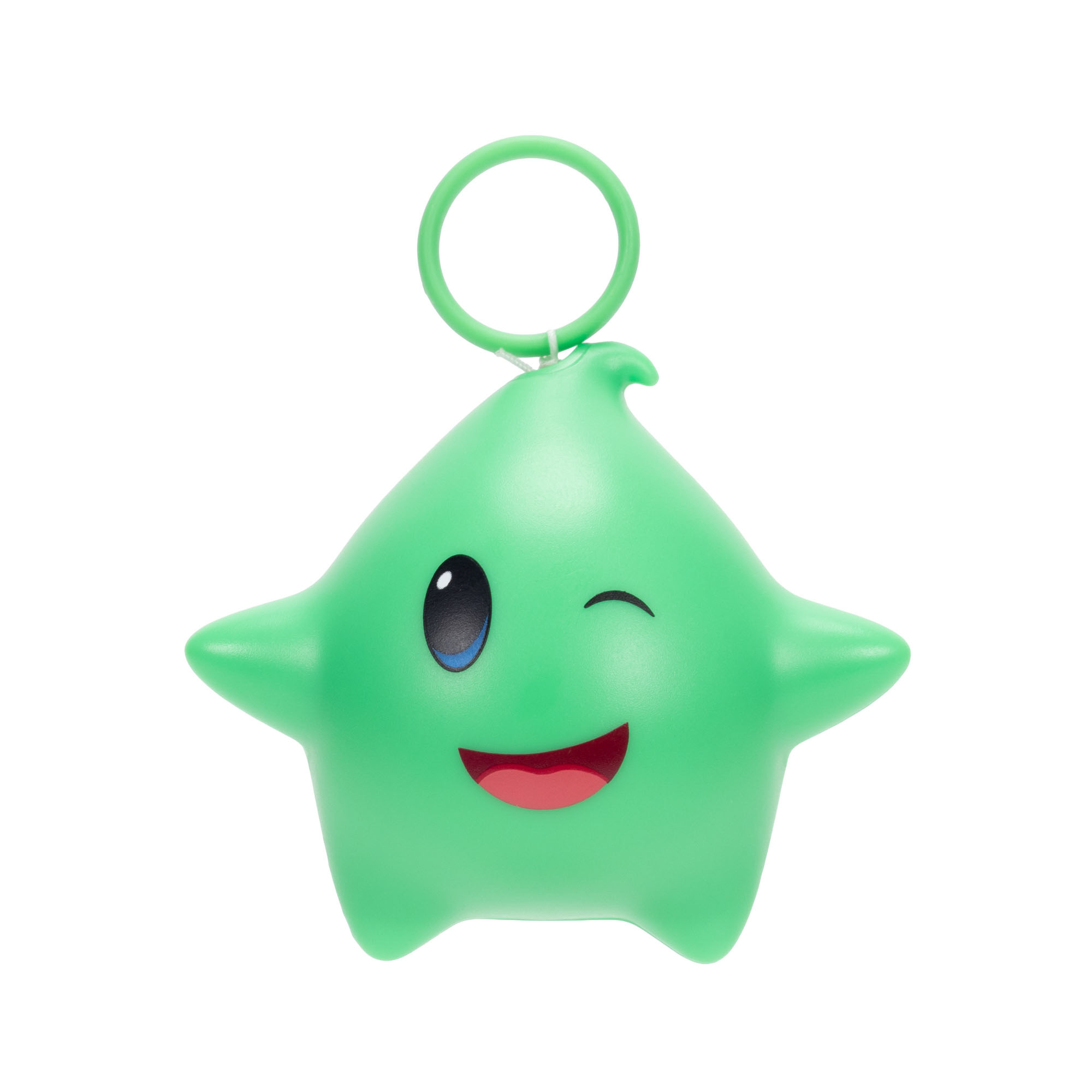 Grüner Stern mit Gesicht, zwinkernd, lächelnd, mit Ring oben.