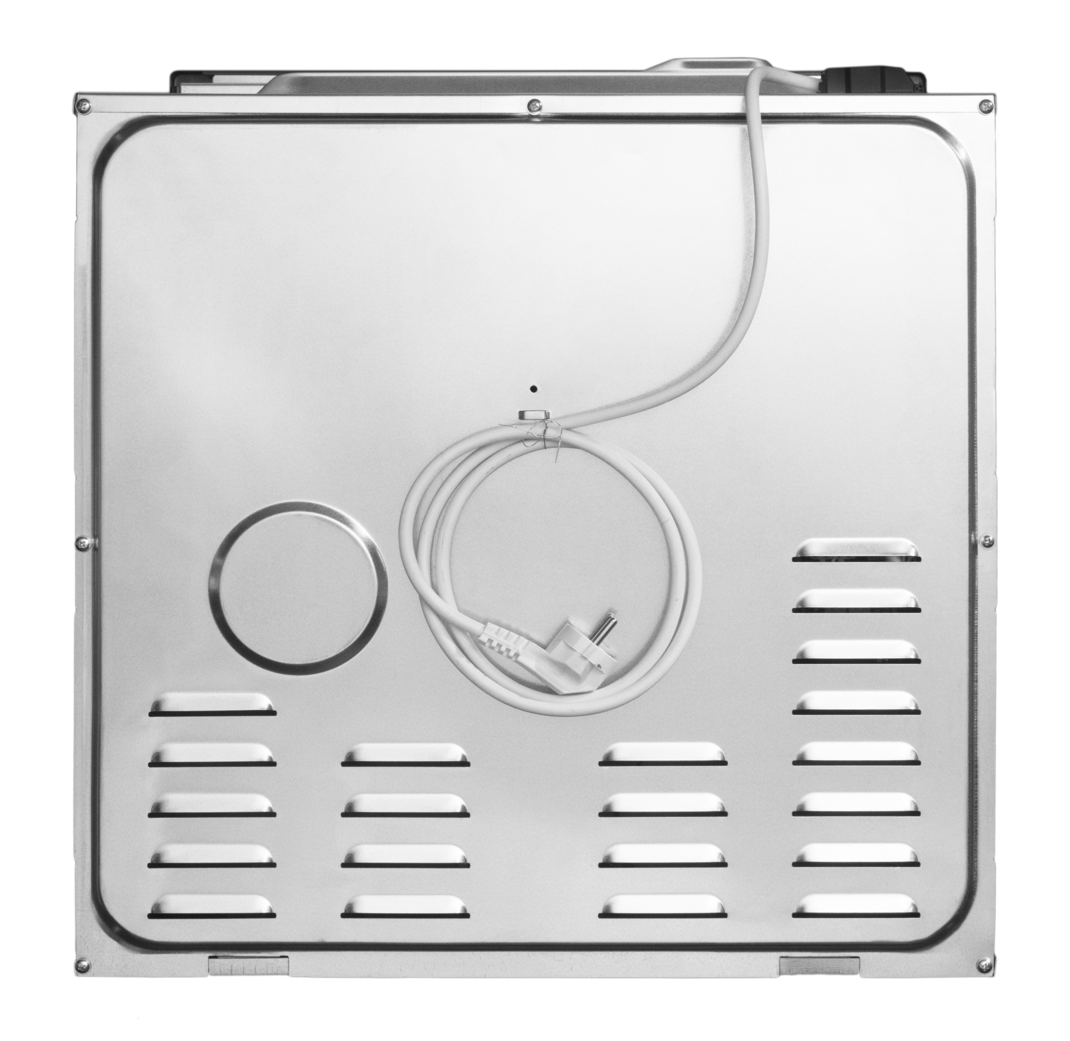 Rückseite eines Geräts mit weißem Kabel und Stecker, Lüftungsschlitzen.