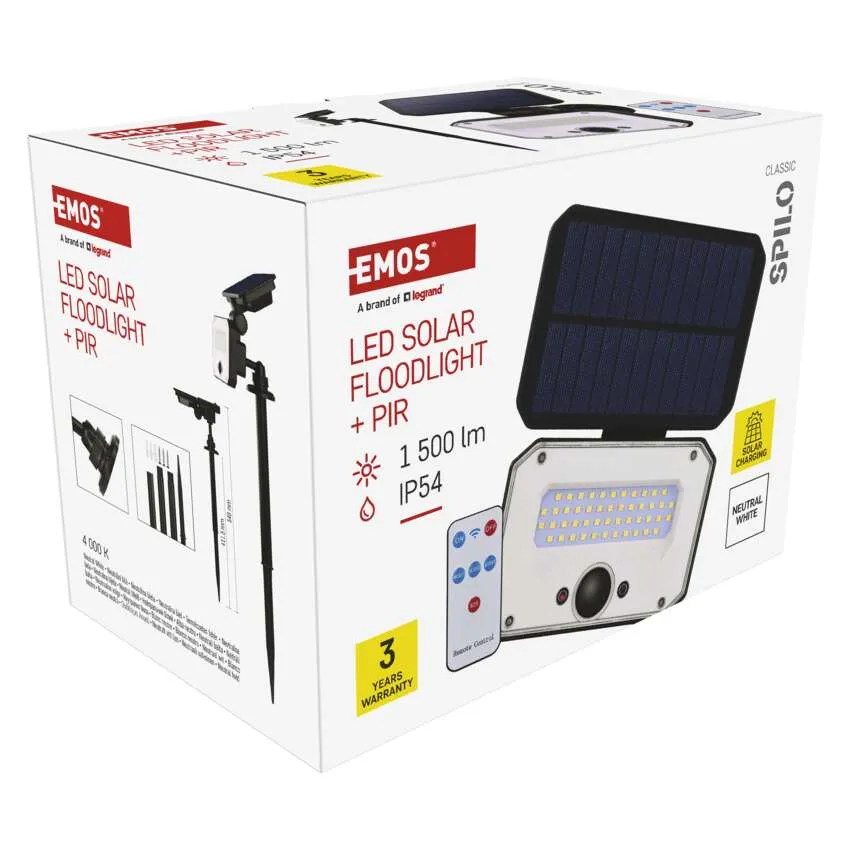 EMOS LED napelemes reflektor PIR-érzékelővel, 1500 lm, IP54 doboza.