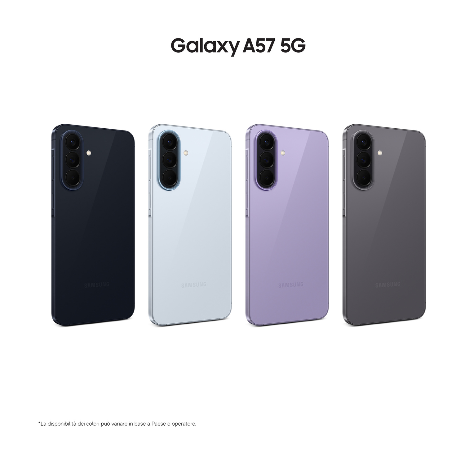 Quattro telefoni Samsung Galaxy A57 5G in nero, bianco, viola e grigio.