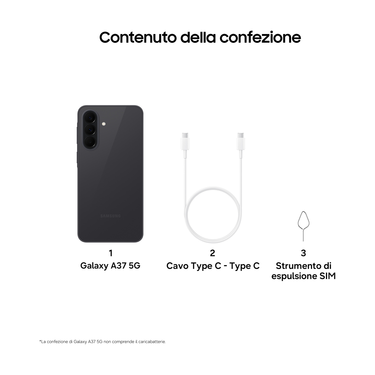 Contenuto della confezione: Galaxy A37 5G, cavo USB-C, strumento SIM.