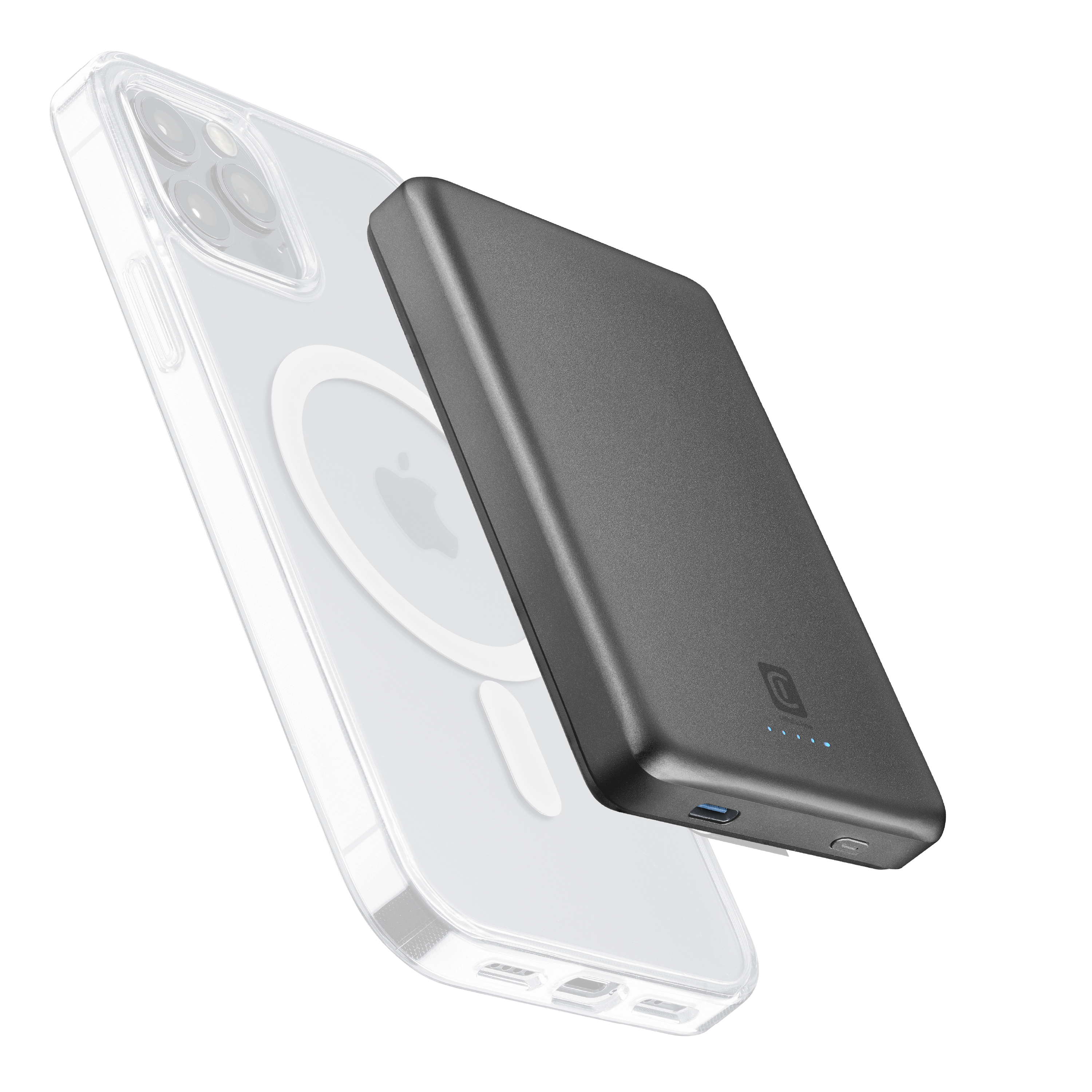 Una batería externa oscura descansa sobre una funda transparente de iPhone.