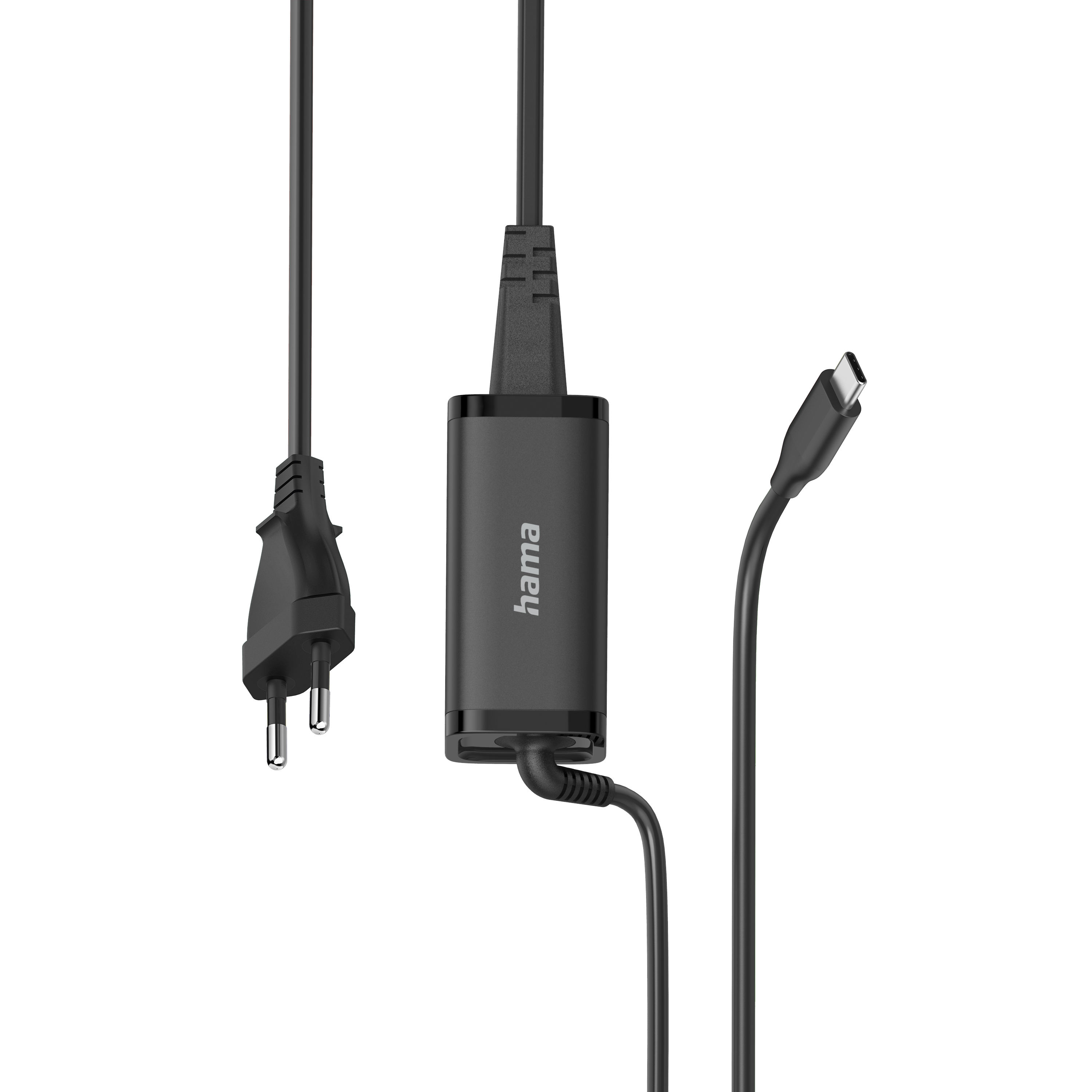 Euro fişli ve USB-C konektörlü siyah güç adaptörü.