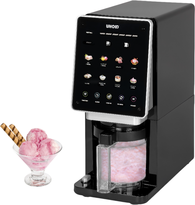 Ein schwarzer Eismaschinen-Automat mit Touchscreen und einer Schale Eiscreme daneben.
