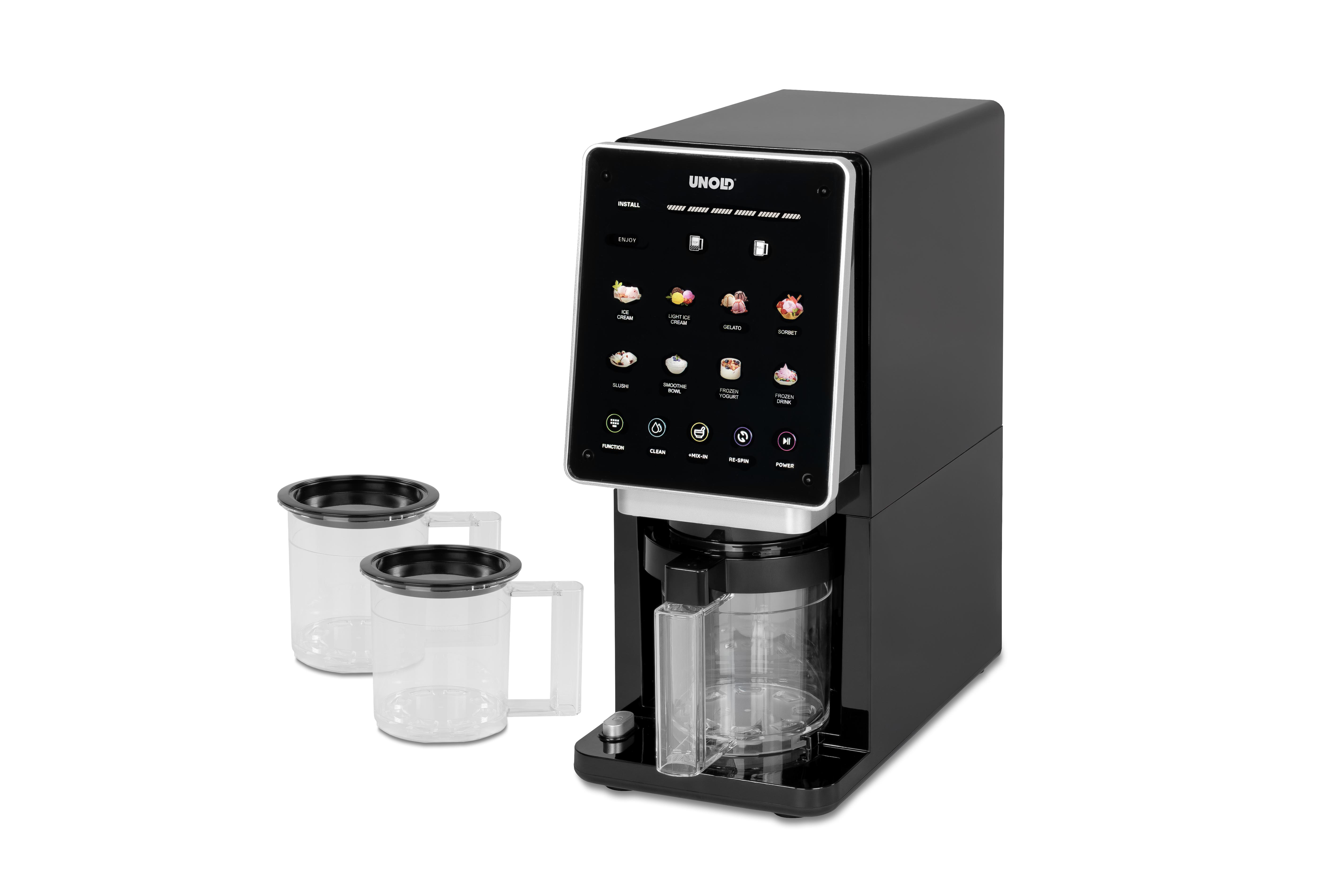Schwarze Eismaschine mit Touchscreen und zwei transparenten Bechern.