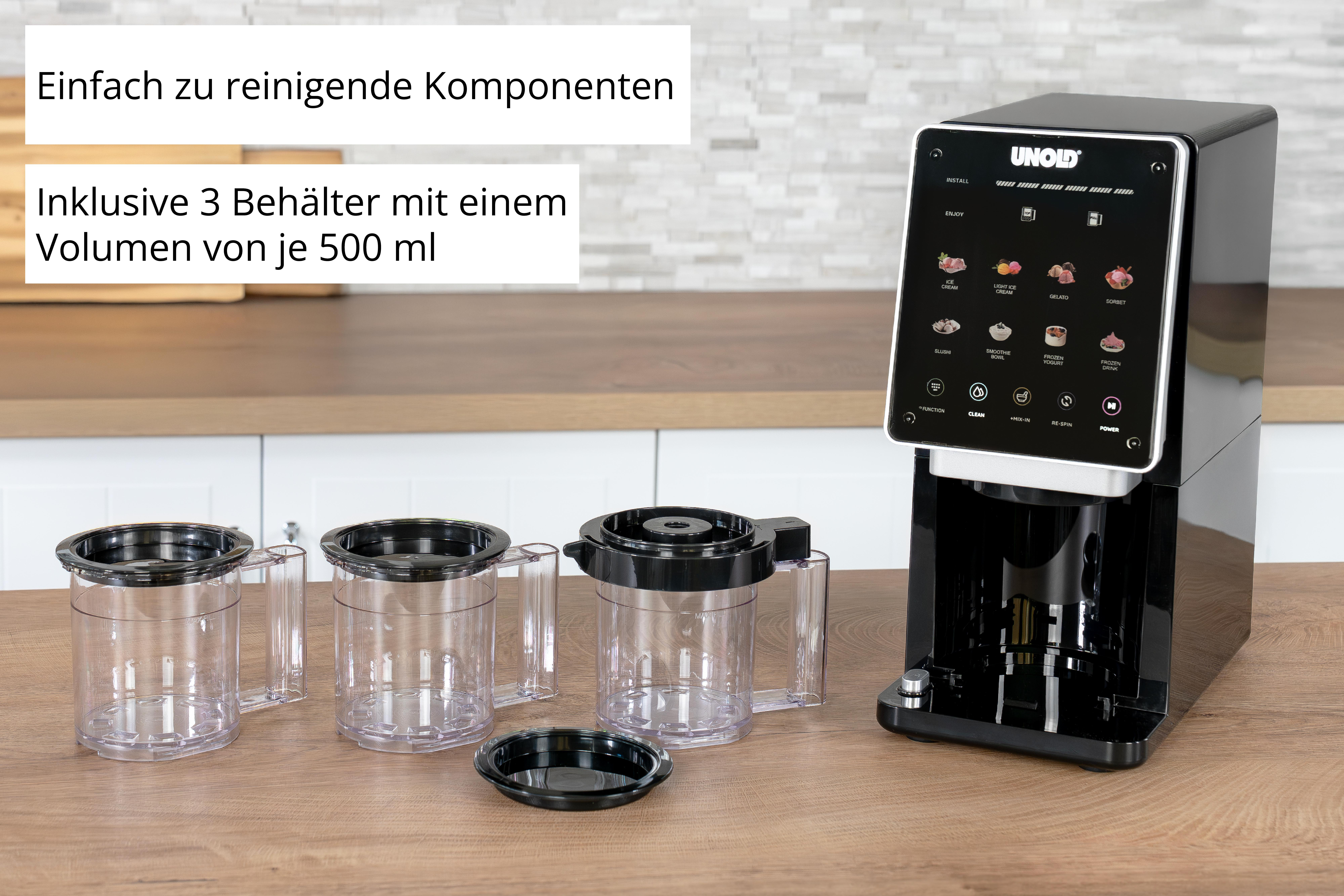 Ein schwarzer Eisbereiter mit drei durchsichtigen Behältern davor.
