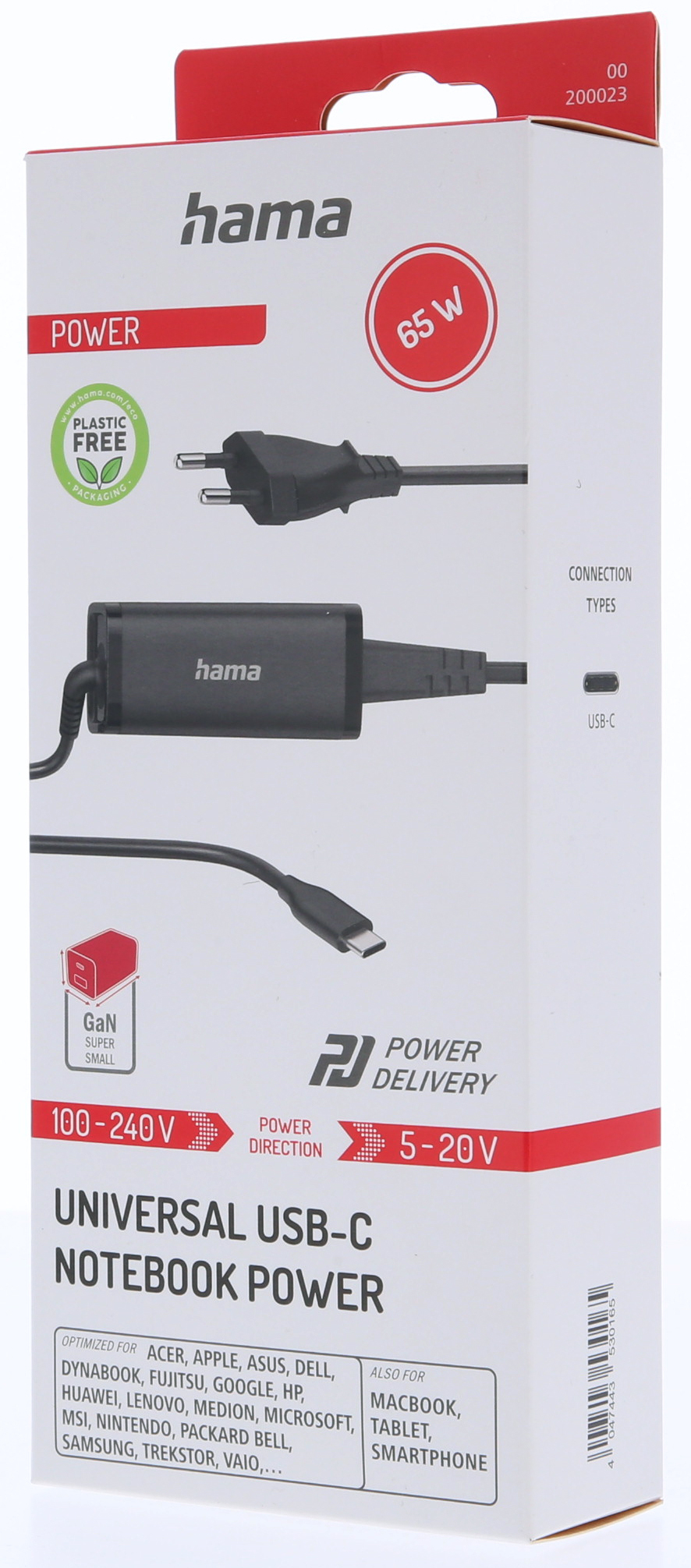Hama 65W USB-C dizüstü bilgisayar güç adaptörü, AB fişli, plastiksiz.