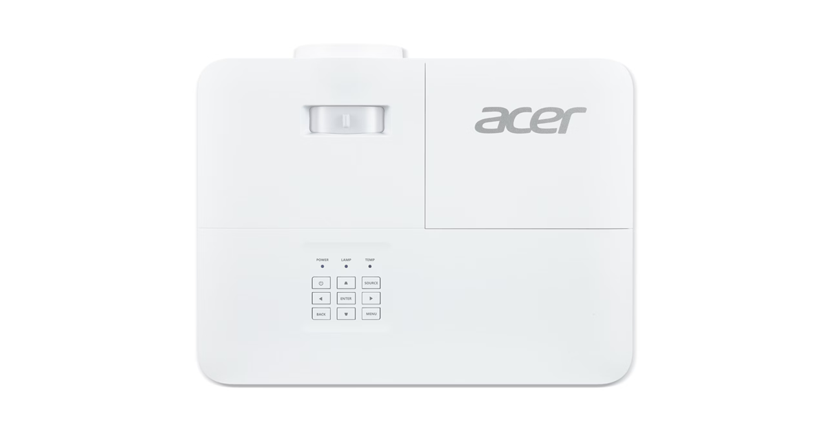Fehér Acer projektor vezérlőpanellel és lencsenyílással.