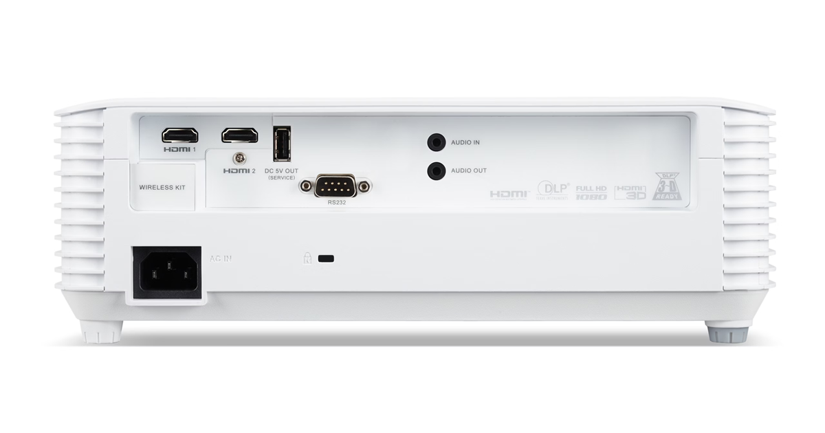 Fehér projektor hátlap csatlakozókkal: HDMI, USB, RS232, Audio be/ki.