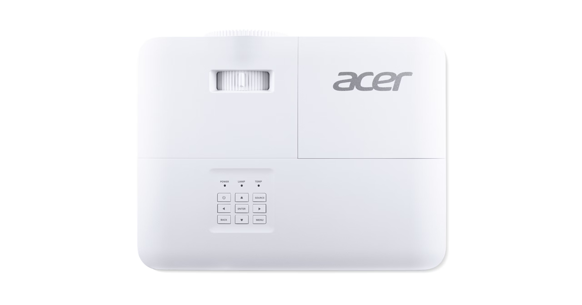 Fehér Acer projektor lencsével és kezelőpanellel.