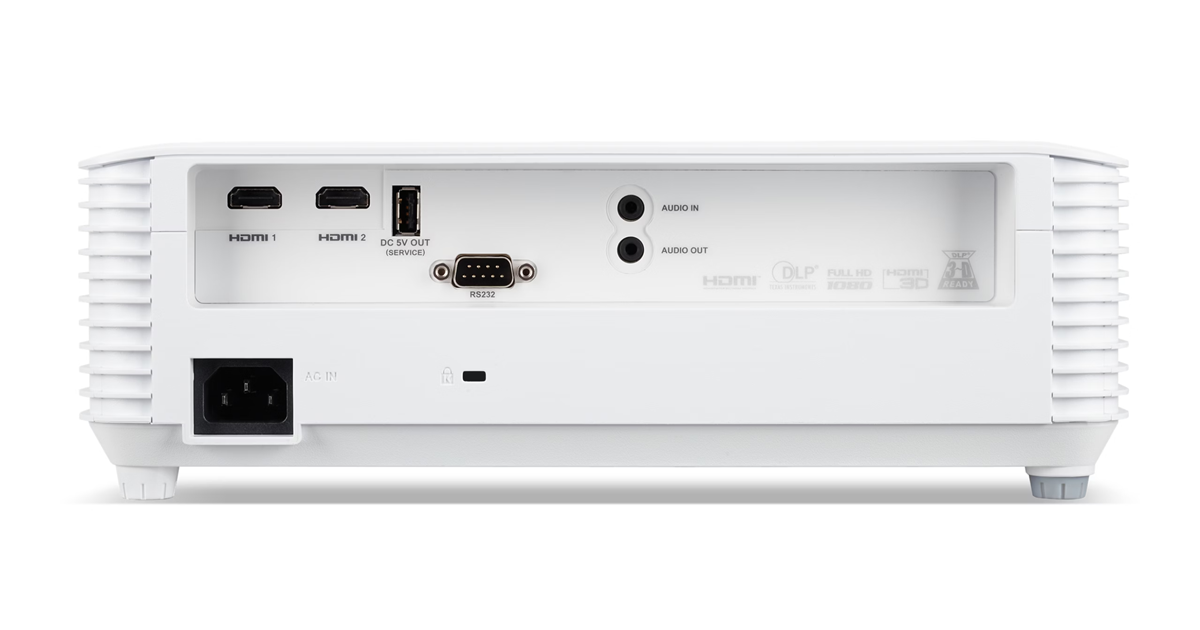 Fehér projektor hátoldala HDMI, USB, RS232, audio és tápcsatlakozókkal.