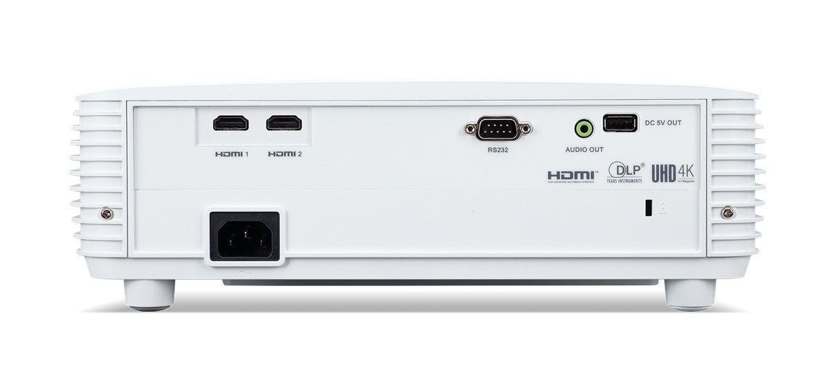 Fehér projektor hátulja: 2x HDMI, RS232, Audio Out, USB, tápcsatlakozó.