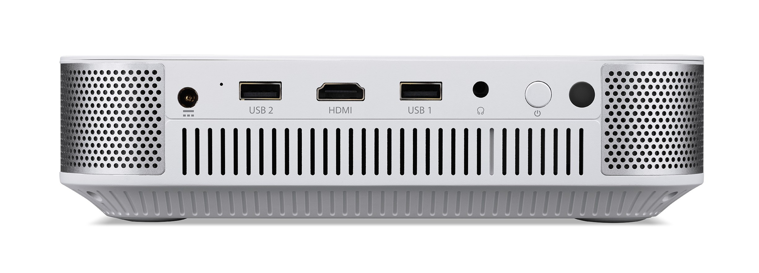 Fehér eszköz hátulja csatlakozókkal: USB, HDMI, fejhallgató-csatlakozó, bekapcsológomb.