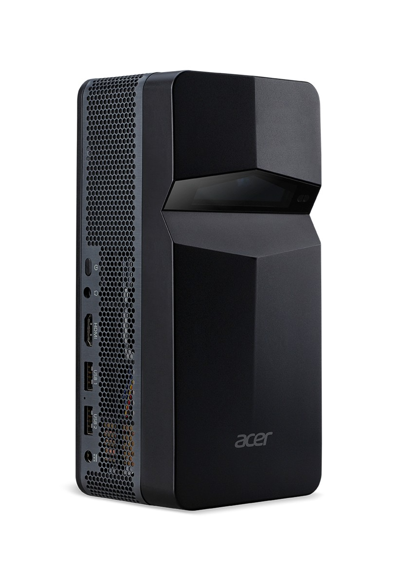 Fekete Acer mini PC szellőzőráccsal és oldalsó portokkal.