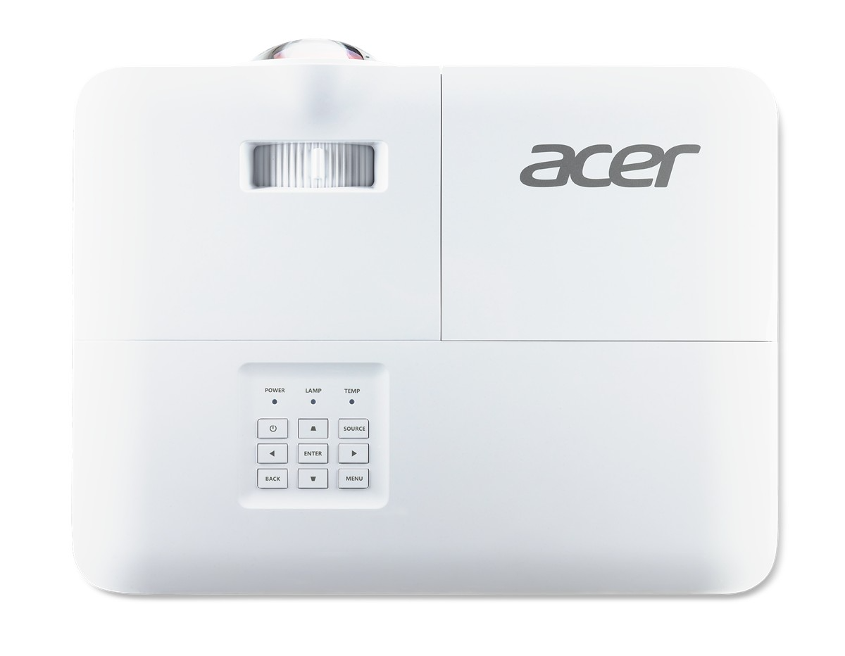 Egy fehér Acer projektor lencsével, szellőzőkkel és vezérlőgombokkal.