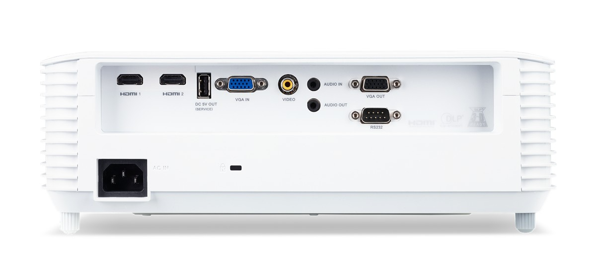 Fehér projektor hátulja csatlakozókkal: HDMI, USB, VGA, Audio, Video, RS232.