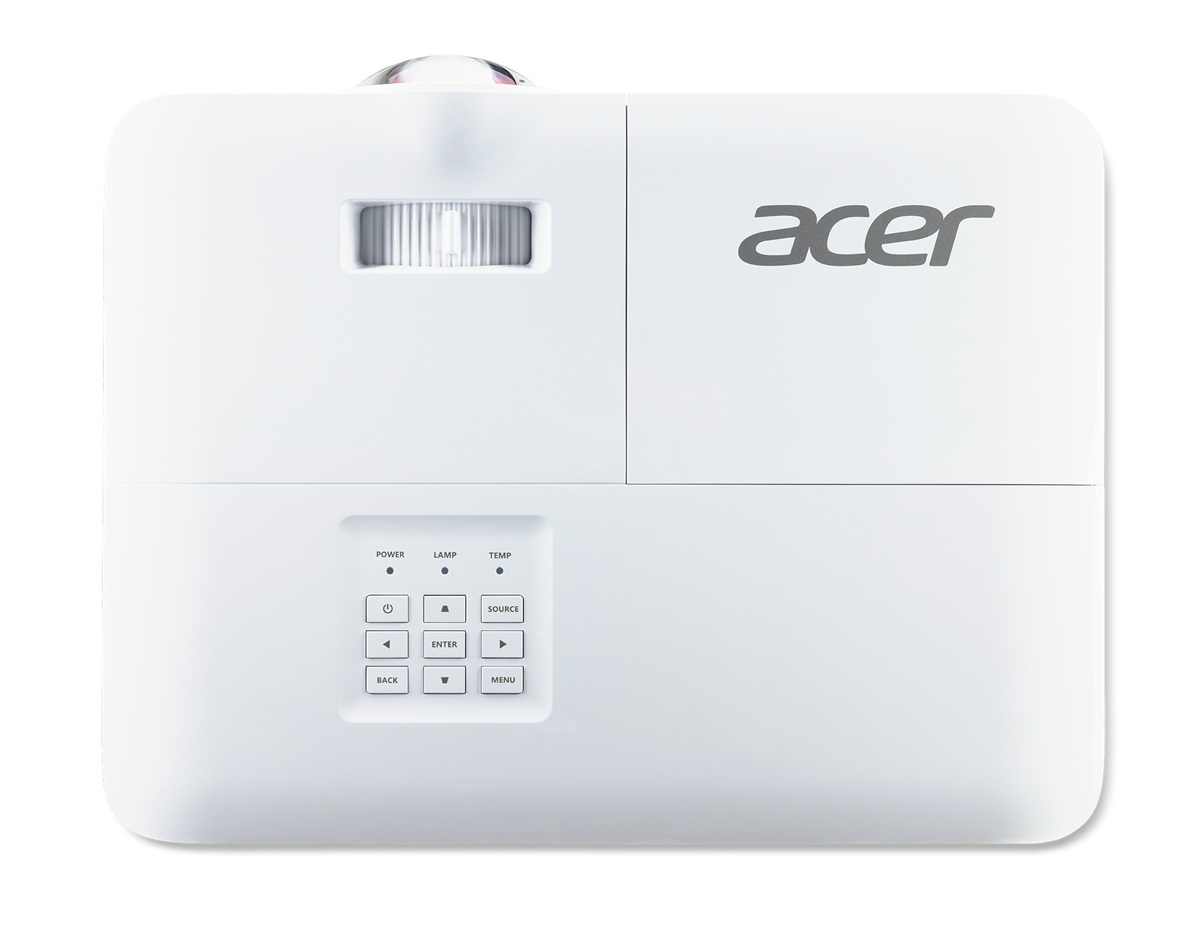 Egy fehér Acer projektor vezérlőgombokkal és lencsével.