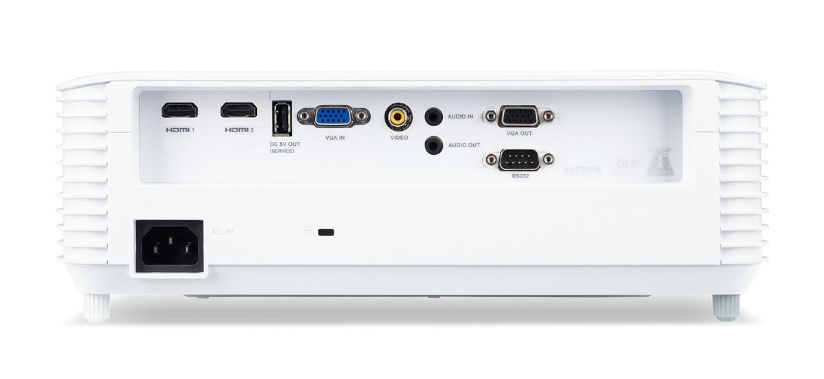 Fehér projektor hátoldala csatlakozókkal: HDMI, USB, VGA, Video, Audio és RS232.