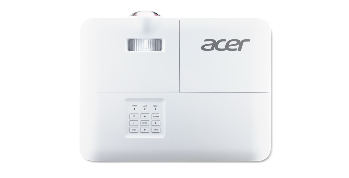 Egy fehér Acer projektor lencse elejével és vezérlőgombjaival.
