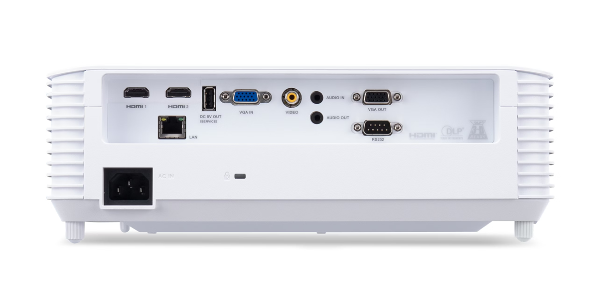 Feh0er projektor csatlakoz0asokkal: HDMI, VGA, Video, Audio, LAN, RS232, AC IN.
