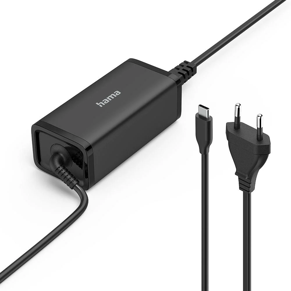 USB-C ve Avrupa fişli kabloları olan siyah Hama güç adaptörü.
