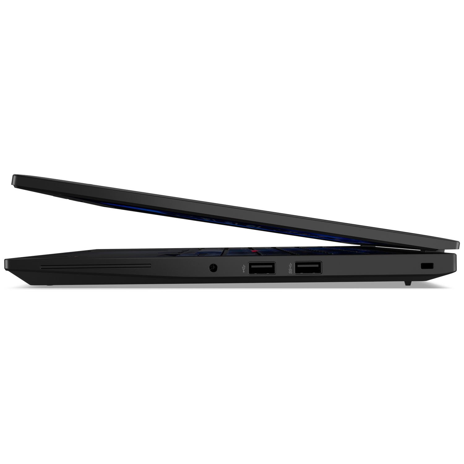 Black laptop with lid open, side view showing ports.