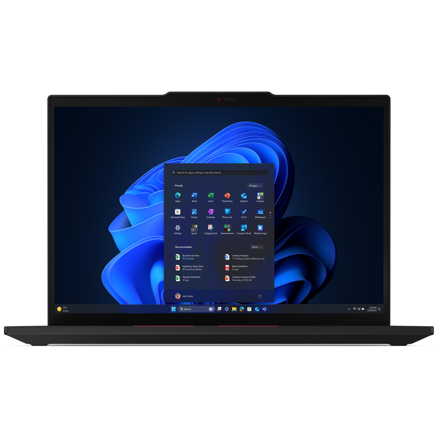 Black laptop displaying Windows 11 Start menu with blue wavy wallpaper.