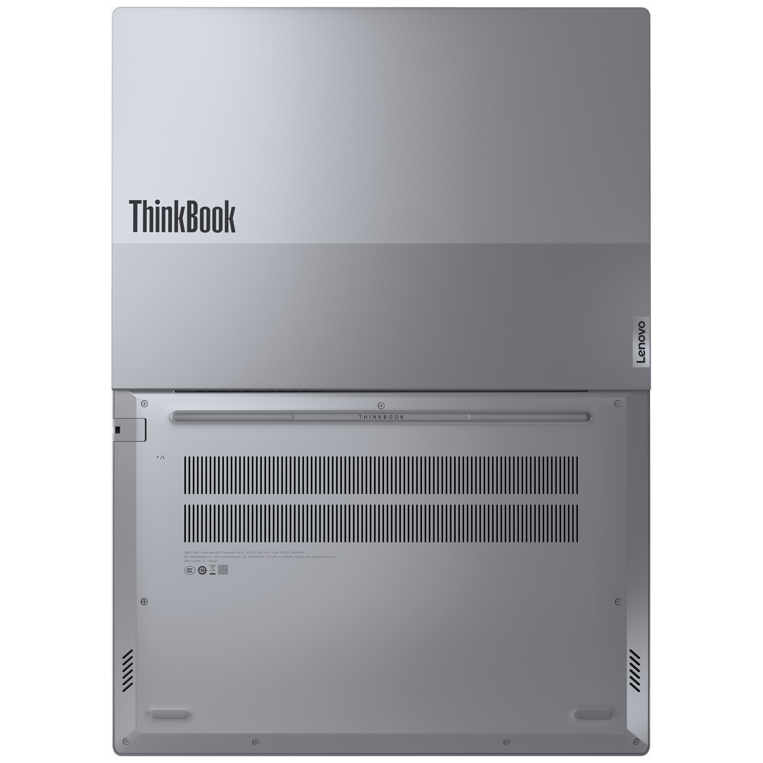 Onderkant van een zilveren laptop met ThinkBook en Lenovo logo's.