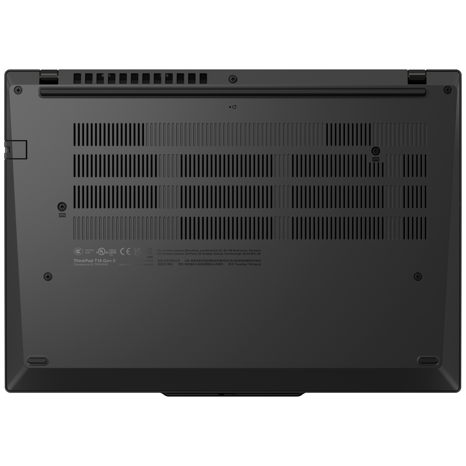Underside of a black laptop with vents and certification logos.