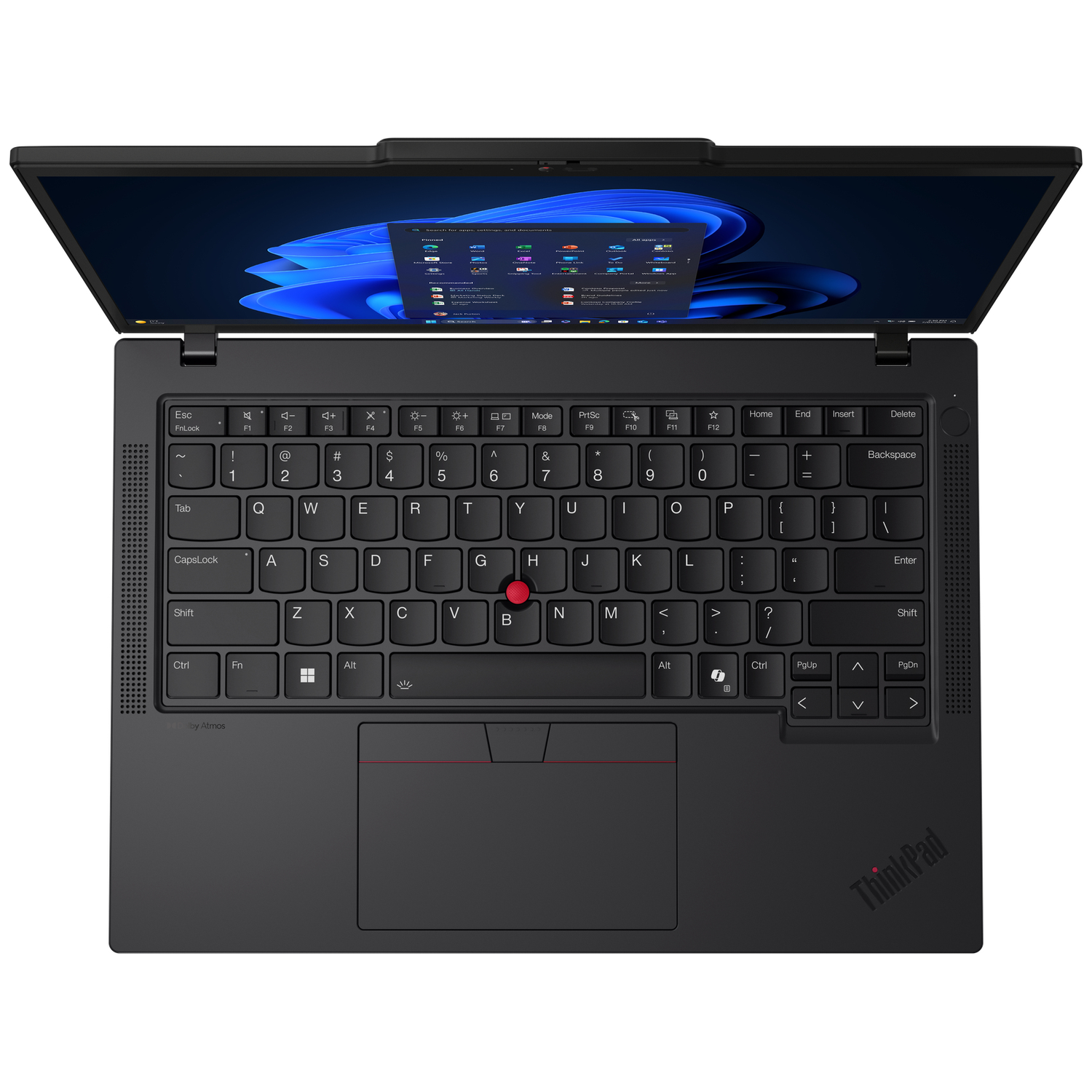 An open black laptop with a keyboard, touchpad, and illuminated screen.