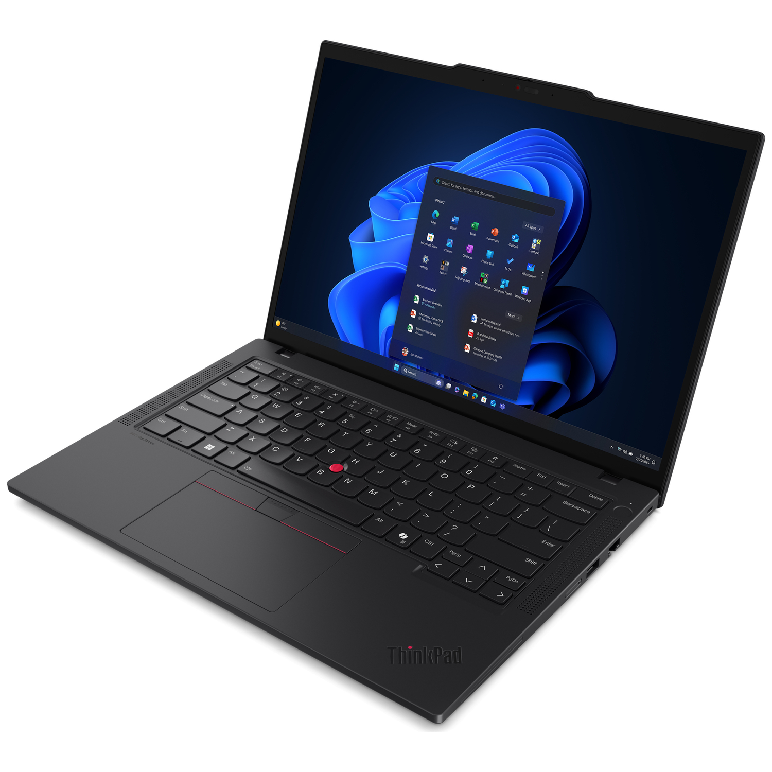 Black laptop with open screen showing Windows 11 and a keyboard with a red pointer.