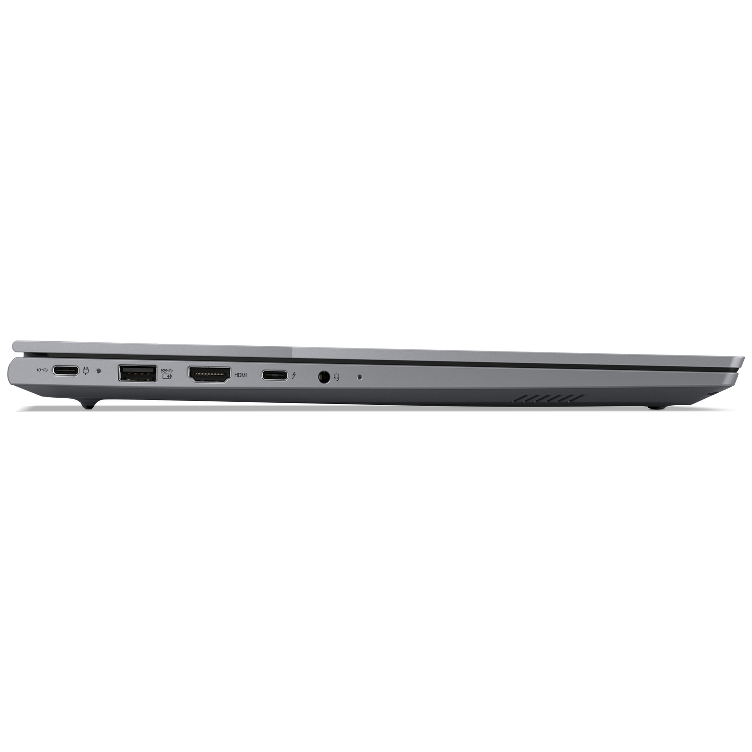 Gray laptop side view with ports: USB-C, USB-A, HDMI, audio jack.