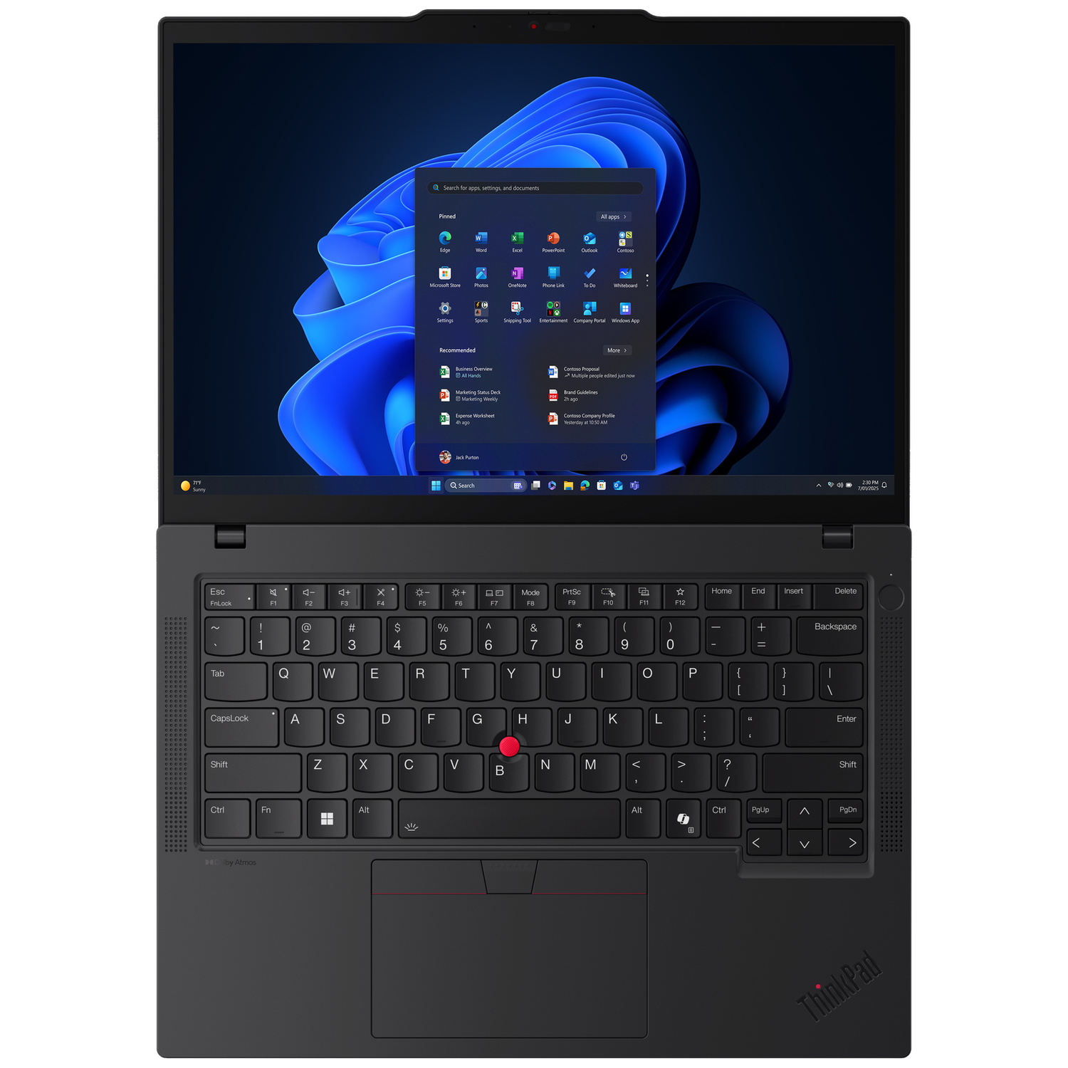 A black laptop displaying Windows 11 with a blue wavy wallpaper.